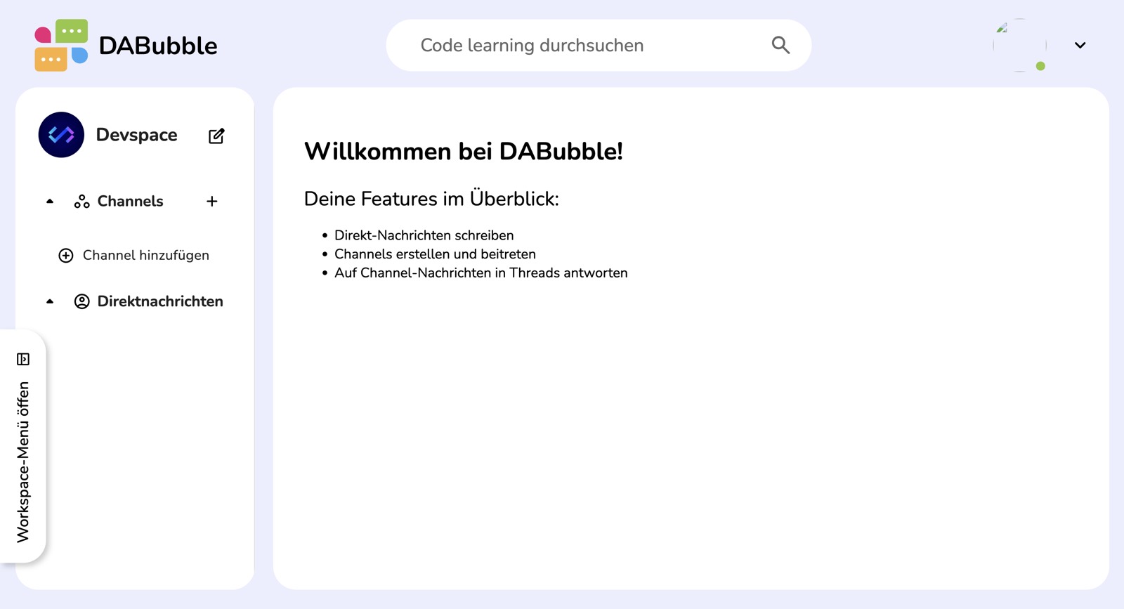 Oberfläche von DaBubble mit Seitenleiste für Kanäle und Direktnachrichten.