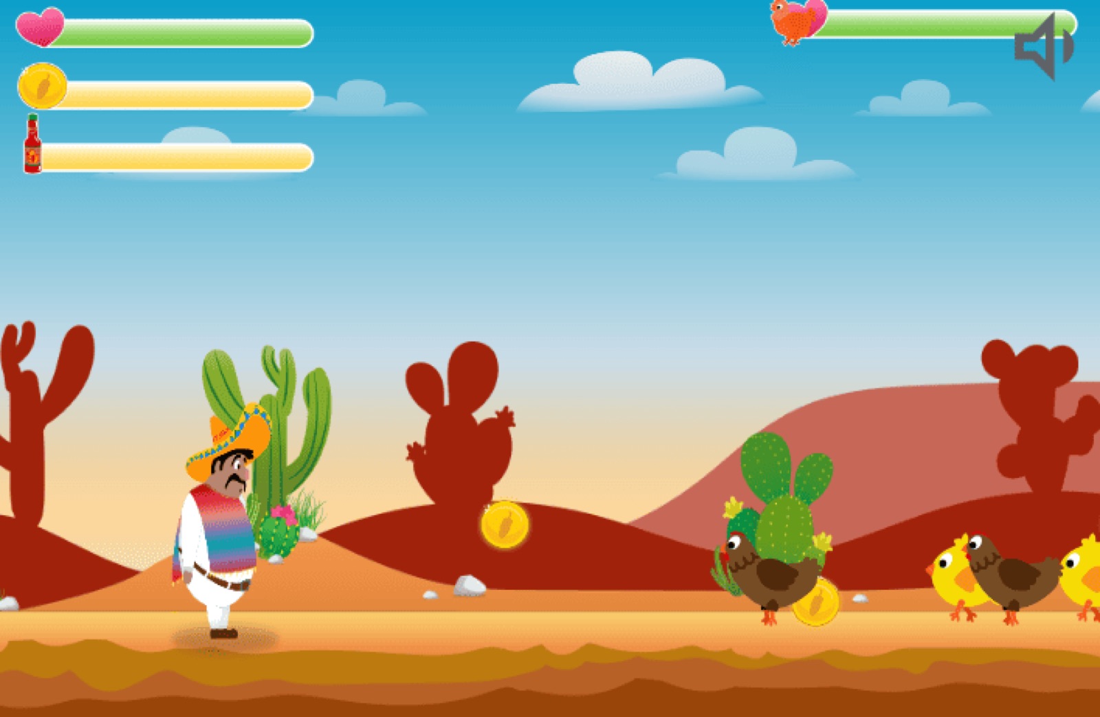 Spielszene aus El Pollo Loco mit der Spielfigur und Gegnern.