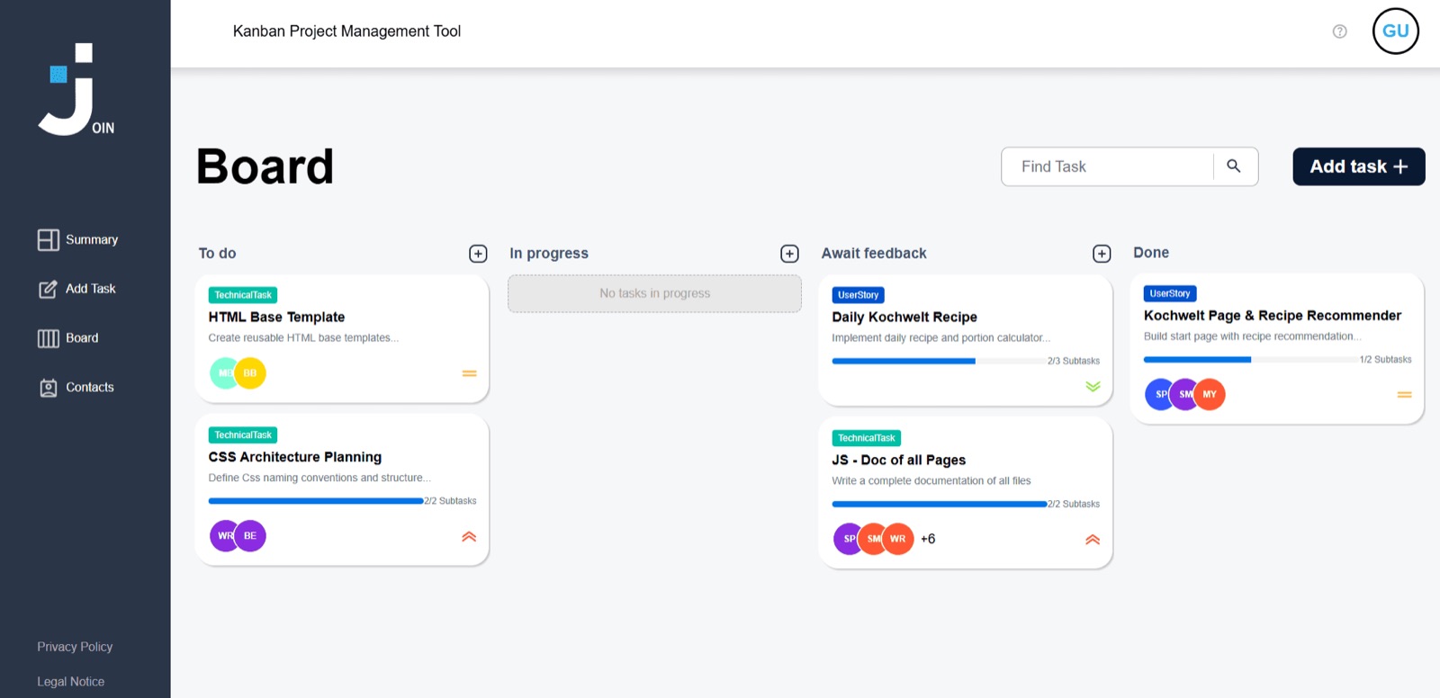 Kanban-Board von Join mit Aufgabenspalten.