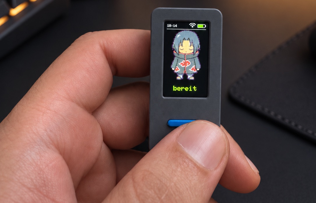 Das Handgerät des Hermes Pocket AI Agent, ein M5Stack StickS3 mit Gehäuse und Display, in der Hand gehalten. Auf dem Display steht der Zustand „bereit“.