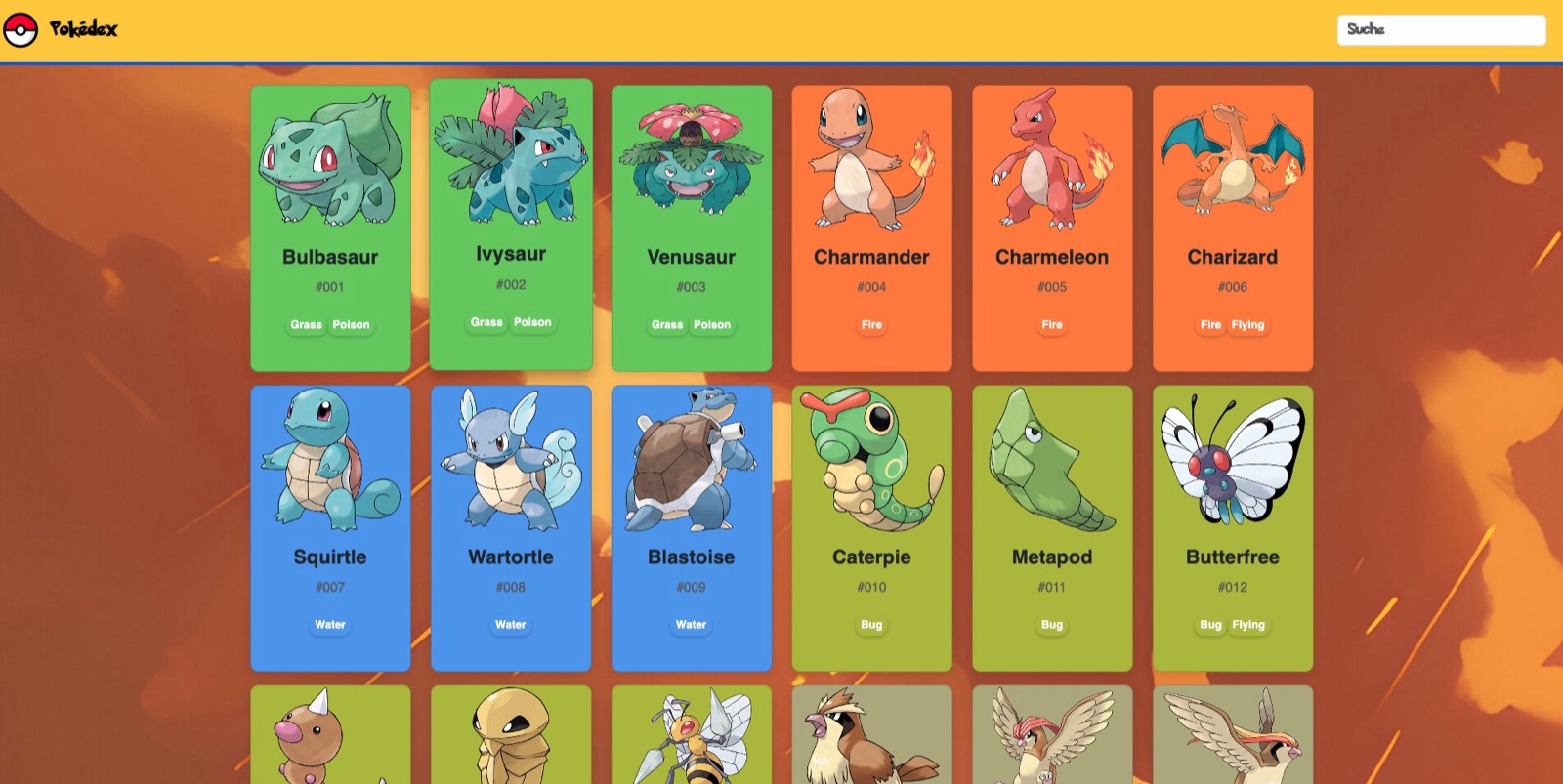 Übersicht des Pokedex mit Karten einzelner Pokémon.